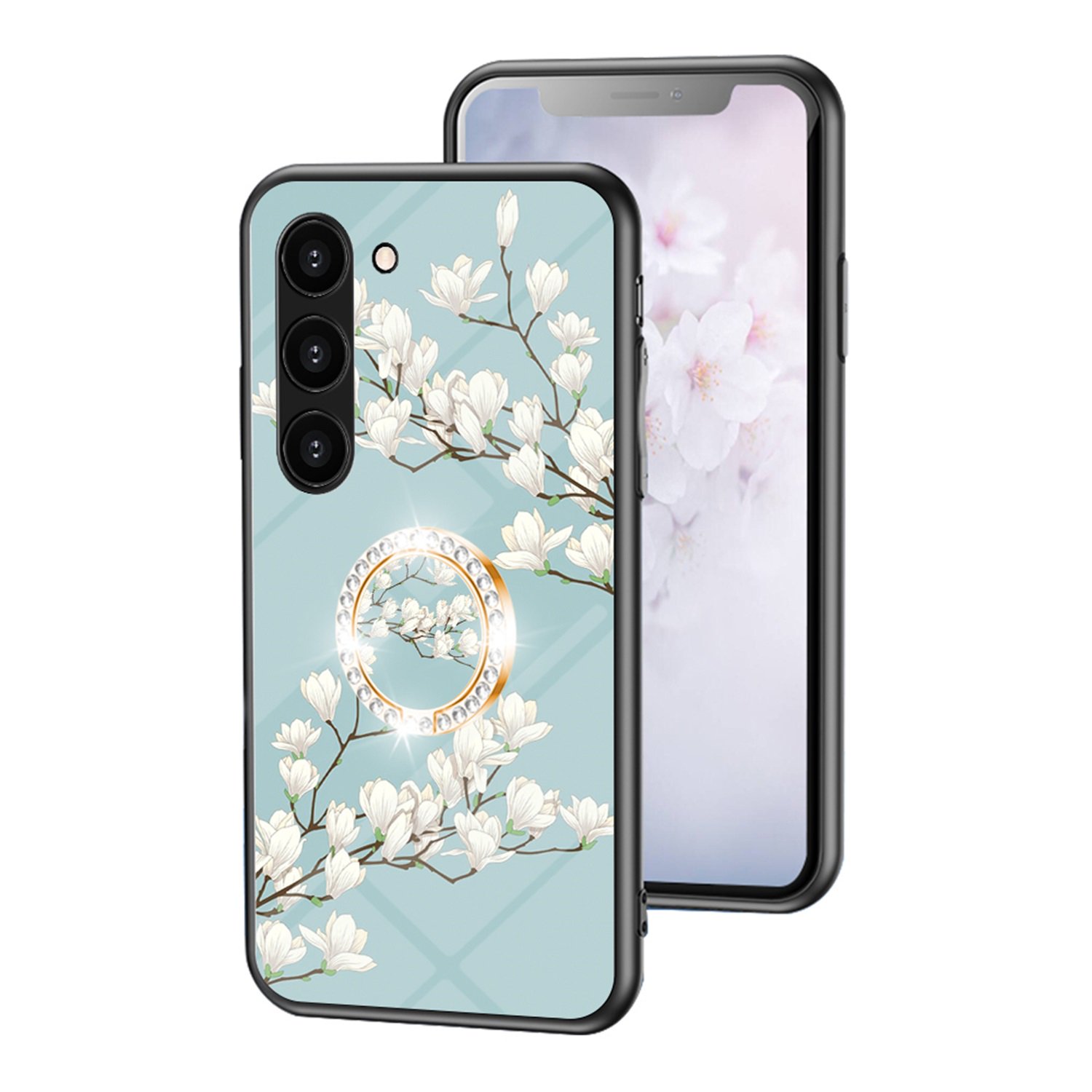 SaniMore for Samsung Galaxy S23 Case, 31 Diamonds Glass Vehicle Magnetic Support Flexible TPU Flower Pattern Cover with 360° Rotatable Ring Kickstand Shockproof Protective Shell, Green Flower