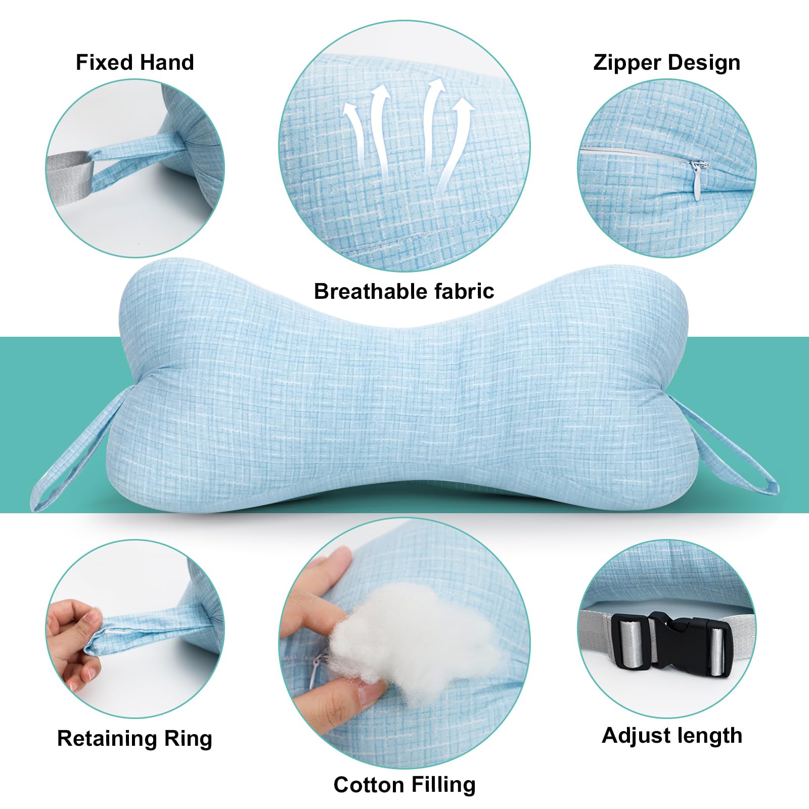 RoamReady Neck & Cervical Pillows, Dog Bone Shaped Neck Pillow with Fixed Rope & Have Loops on End, for Chiropractic Lumbar Spine, for Car Bus Truck Driving Travel Comfort Head Rest Support,Blue