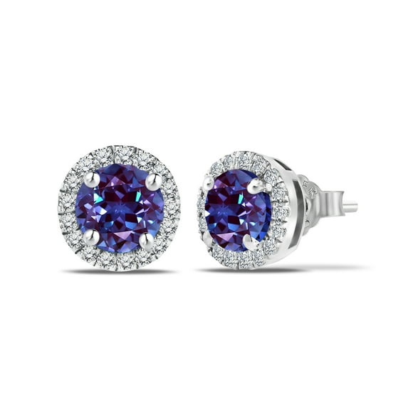 JeenMata 3 Carat - June Alexandrite Birthstone Halo Stud Earrings - Round Cut in 18K White Gold Plating for Women