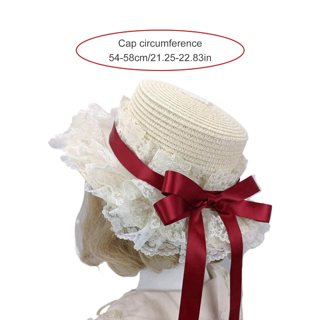 TIERPOP Breathable Straw Bonnet Hat Comfortable Victorian Theme Event Hat With Lace Trim and Bowknot For Cosplay Gatherings