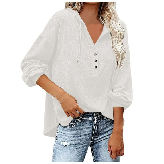 Fiaer,Womens Oversized Button up Hooded Sweatshirts,Women's Loose Fit Trendy Hoodies,Drawstring Solid Lightweight Hooded Tops for Women White XL