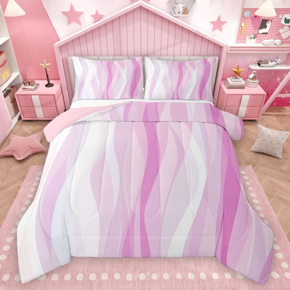 Homewish Pink Stripes Ombre Bedding Comforter Set for Women, Modern Fashion Abstract Twin Comforter Sets, Chic Line Reversible Bedding Set, Breathable Home Decor, 2pcs