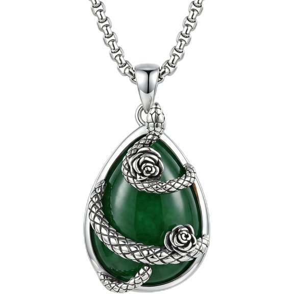 XATENJE Goth Snake Necklace 925 Sterling Silver Green Jade Pendant Necklace Gothic Animal Jewelry Gift for Women Men
