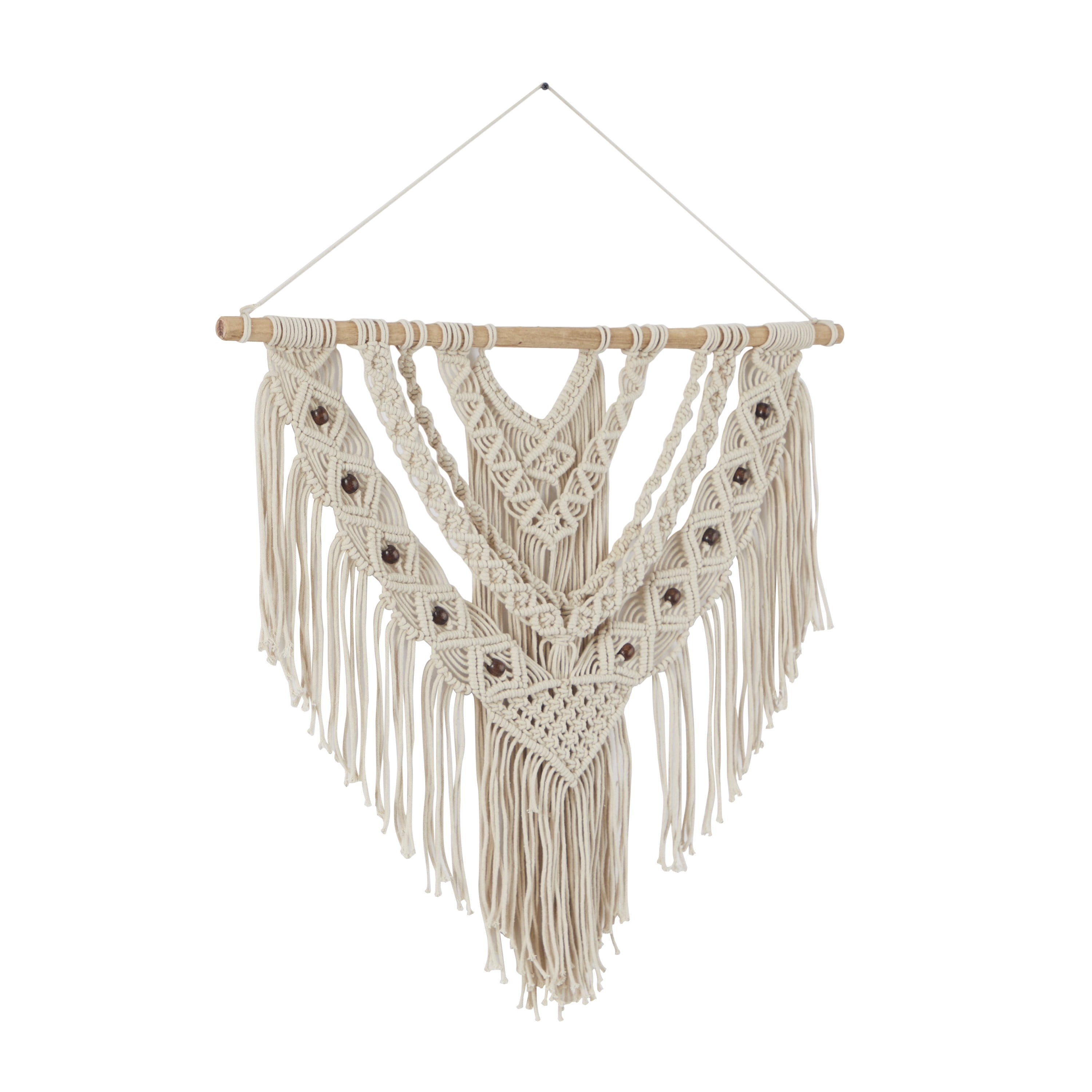 DecMode Cream Cotton Intricately Weaved Macrame Wall Decor with Beaded Fringe Tassels