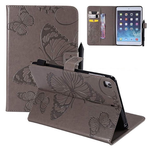 iPad Mini Case, Mini 2/3/4 Case, Allytech Embossed with Butterfly Series AUTO WAKE/SLEEP Folio Stand Wallet Case with Cards/Cash Holder for iPad Mini 1/ iPad Mini 2/ iPad Mini 3/ iPad Mini 4, Gray
