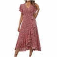 thumbnail image 1 of Vestido de Manga Corta para las Mujeres Corbata de Impresión Casual Cuello en V Irregular, Vestido de Verano para las Mujeres, 1 of 5