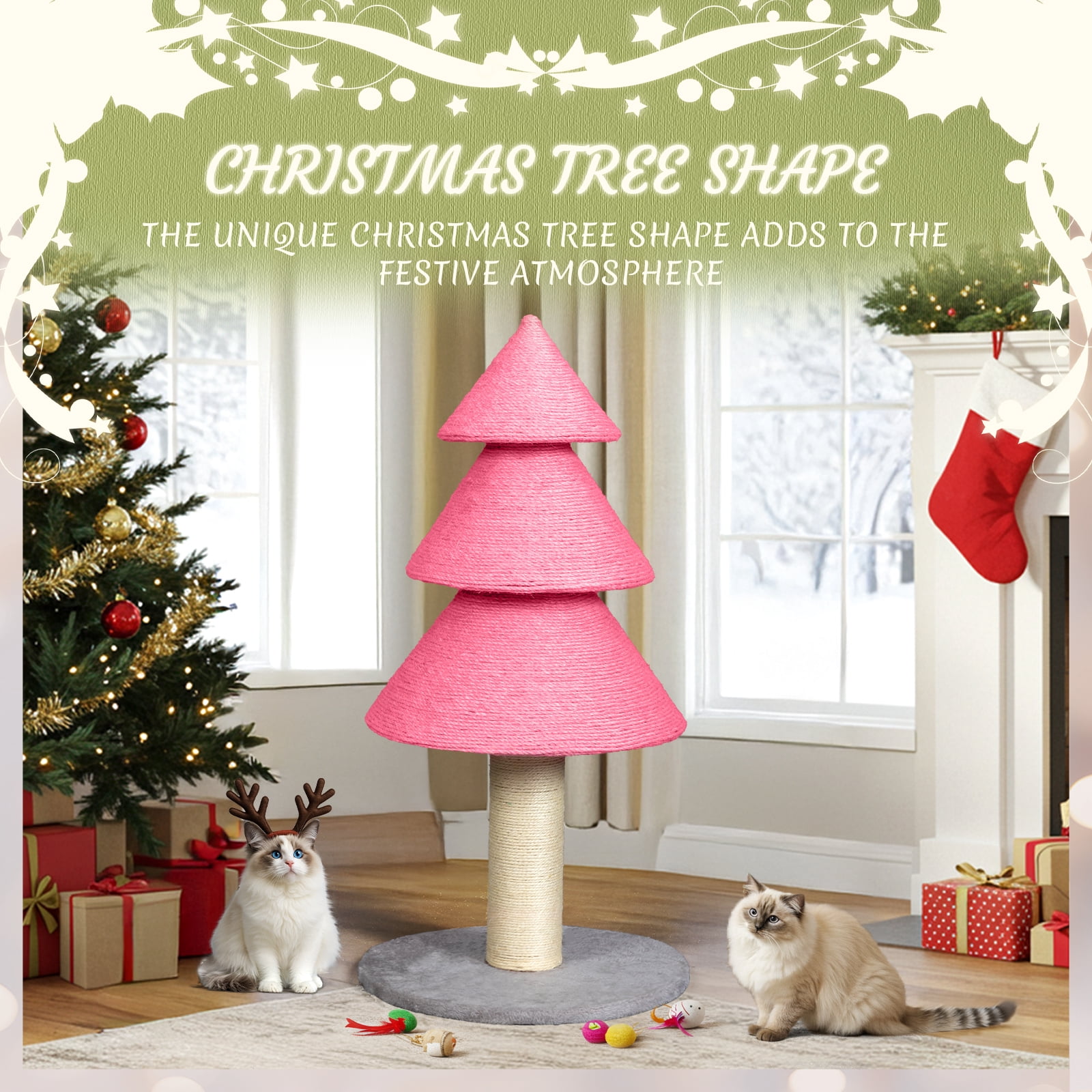 Zimtown Large Christmas Tree Cat Scratching Post, 31.5-Inch Tall Sisal Scratcher for Indoor Cats, with Toy Ball, Pink