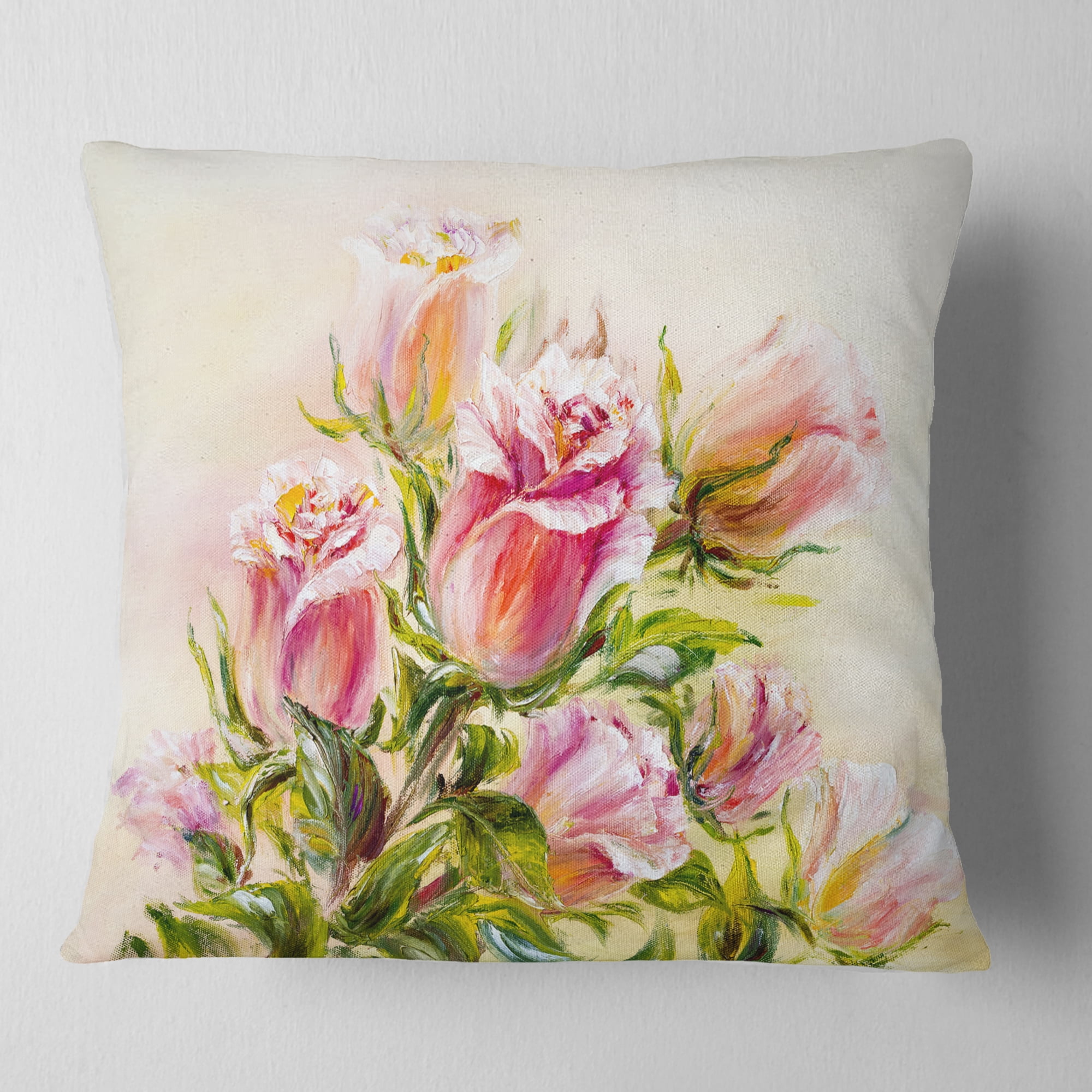 Designart Rose Oil Painting - Floral Throw Pillow - 16x16