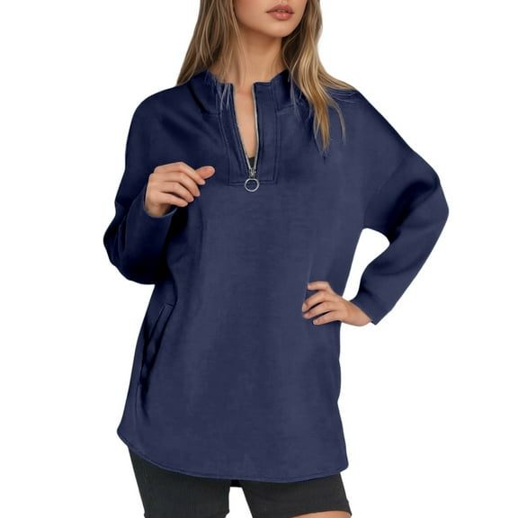 Gyexs Women's Long Zip Up Oversized Hoodie Basic Soft Comfy Sweatshirts Tops Fall Oversized Fleece Jackets Stretchy Pullover Hoodie, Navy, Size XXXL