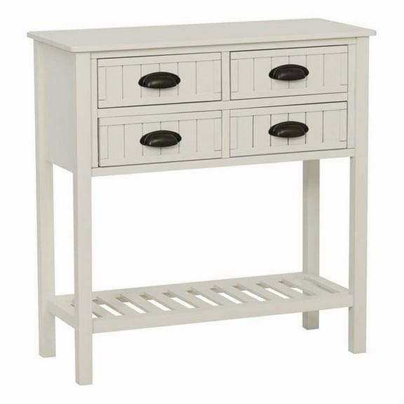 Linon Laine Beadboard Console 4 Drawers Lower Shelf in Antique White Wood