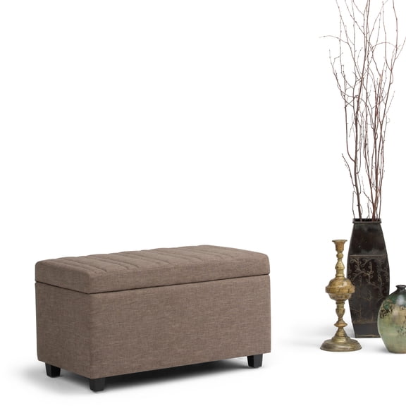 Simpli Home Darcy 33 inch Wide Contemporary Rectangle Storage Ottoman Bench in Fawn Brown Linen Look Fabric, Assembled