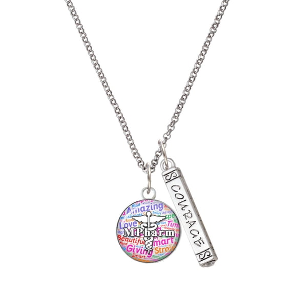 Delight Jewelry Silvertone Domed Multi Color MPharm Silvertone Courage Strength Wisdom Honesty Bar Charm Necklace, 23"