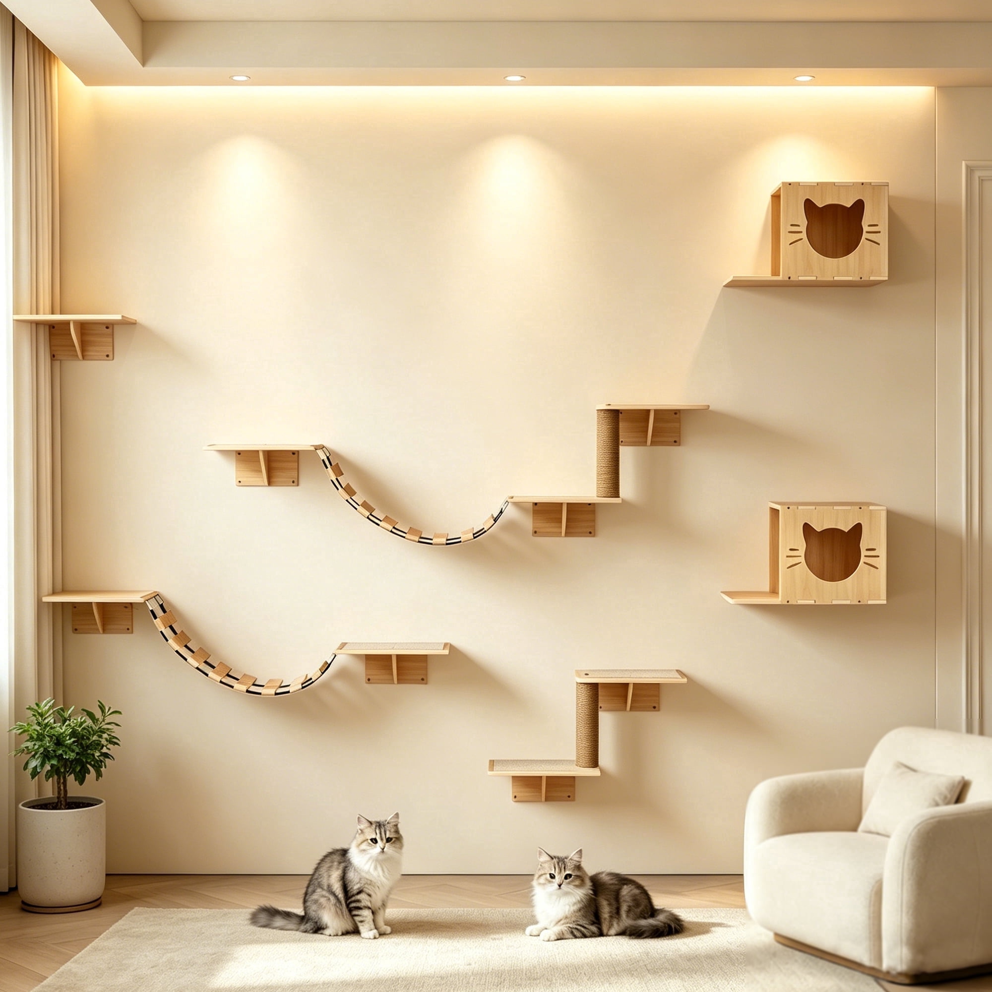 8-in-1 Wall Mounted Cat Shelves Set, Wall Cat Furniture with Scratching Post, Bridge, Condos & Perches for Small/Medium Cats
