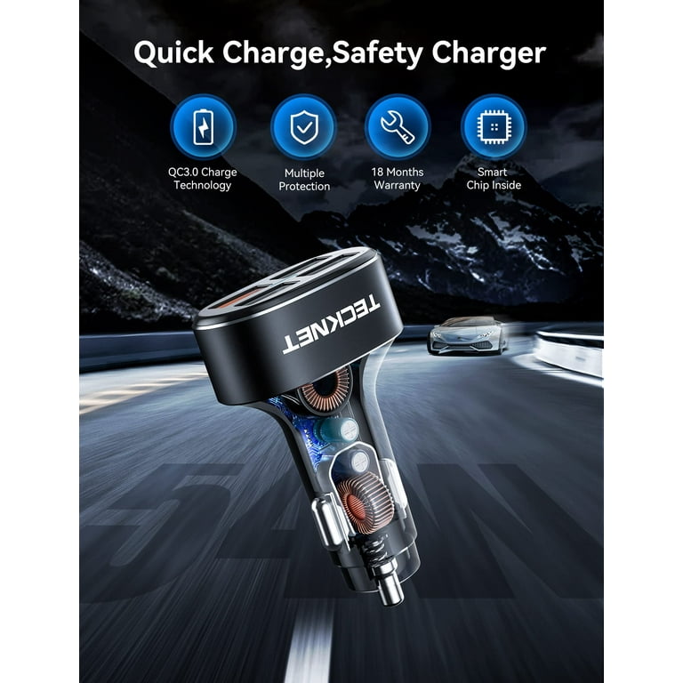 TECKNET Cargador de coche USB 54W 4-Port Car Phone Charger Adapter QC 3.0  Puerto cargador de encendedor de cigarrillos Adaptador de carga rápida