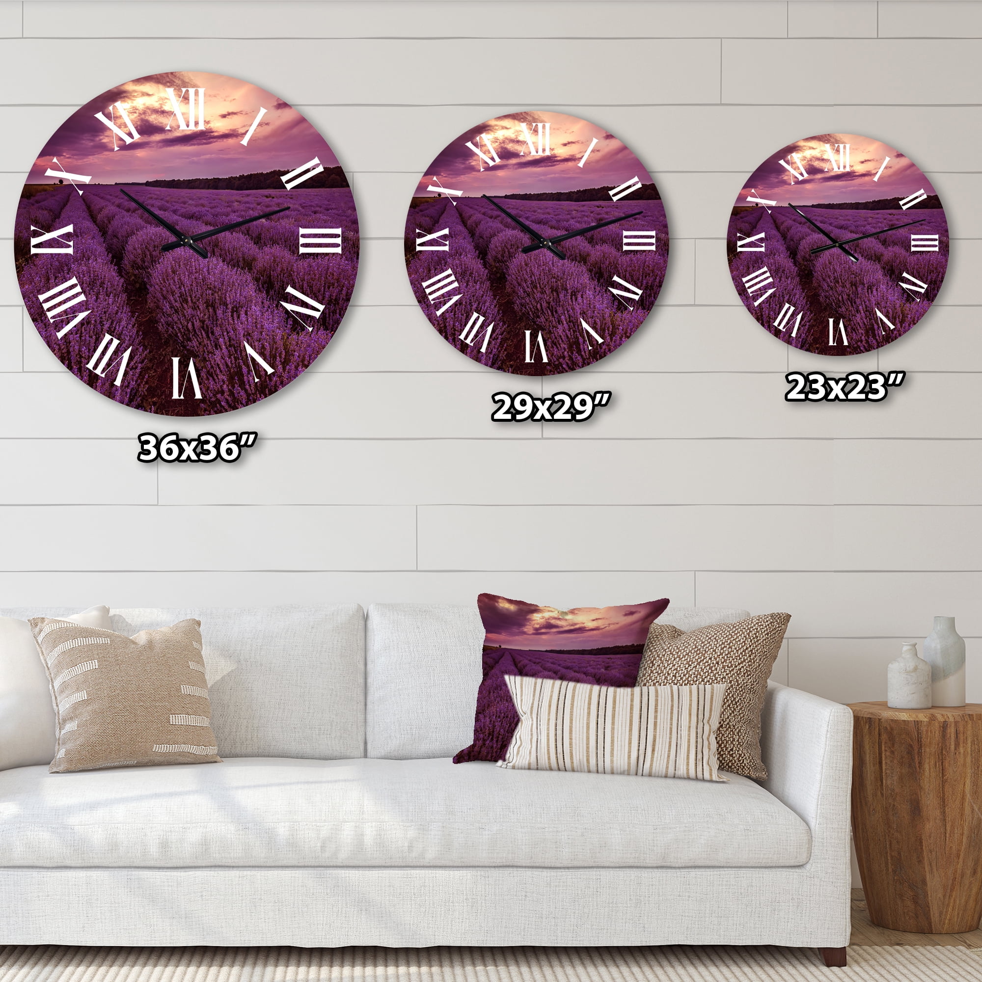 Designart 'Sunrise & Dramatic Clouds Over Lavender Field Iii' Farmhouse Wall Clock