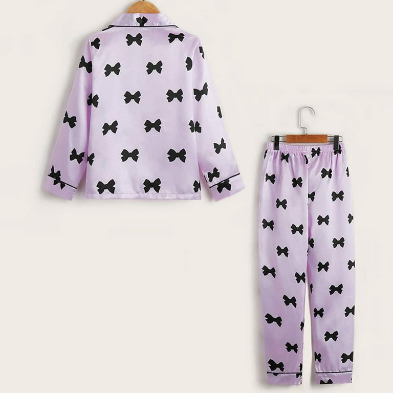 5-12Y Little Big Girls Satin Pajamas Set Long Sleeve Button-Down Bow  Printed Sleepwear PJs 