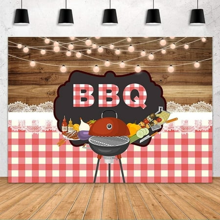 BBQ Backdrop Brown Wooden Board String Lights Lace Barbecue in The Wild Photography Background for Groovy Party Decorations Banner Supplies Photo Booth Props