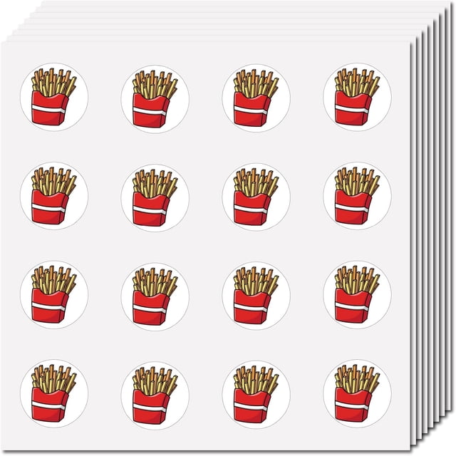 Pegatinas de plástico impermeables con diseño de papas fritas, pegatinas para planificadores, pegatinas de dibujos animados de puntos redondos y pequeñas patatas fritas.