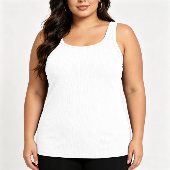 HBYJLZYG Women's Plus Size Tank Top with Built-in Bra, Ribbed Sleeveless Cami Shirt, U Neck Comfortable Summer Vacation Top, Versatile Everyday Casual Wear