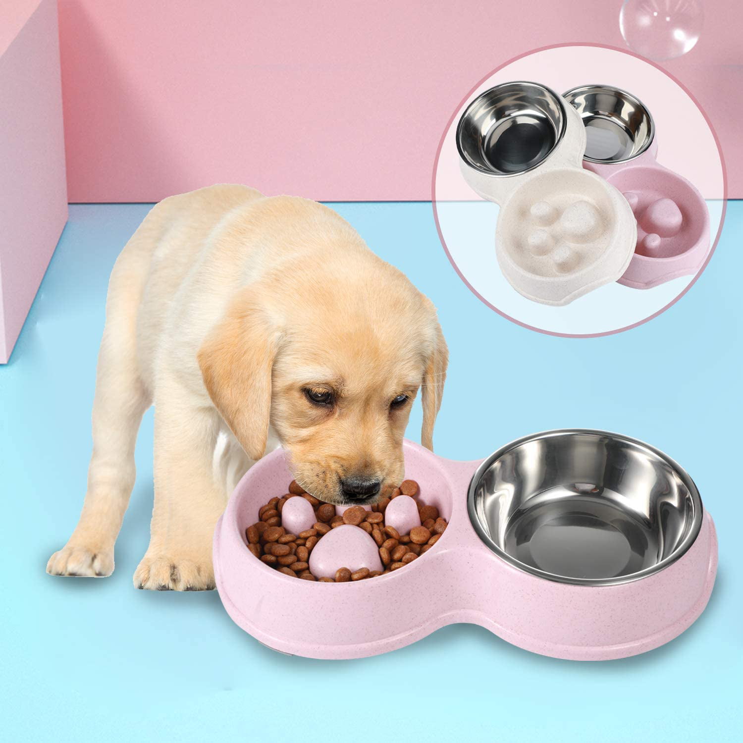 Anti-Choke Pet Bowls Dog Cat Slow Eat Bowl Non Skid 2 in 1 Stainless Steel Feeding Water Bowl Double Detachable Pet Feeder Green