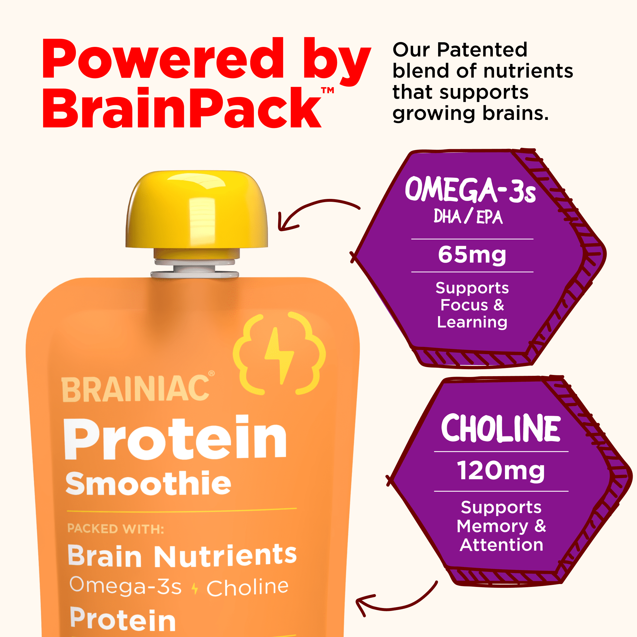 Brainiac Protein Smoothies with Omega-3s, Peach Banana, No Sugar Added, 4 oz, 4ct