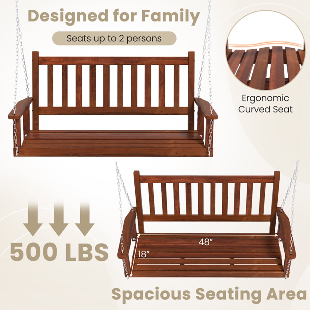Aimee Lii 2-Person Wooden Outdoor Porch Swing with 500 lbs Weight Capacity, Swing Chair Outdoor, Brown