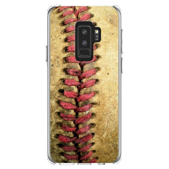 DistinctInk Clear Shockproof Hybrid Case for Samsung Galaxy S9  PLUS (6.2" Screen) - TPU Bumper, Acrylic Back, Tempered Glass Screen Protector - Old Baseball Stitch - Baseball