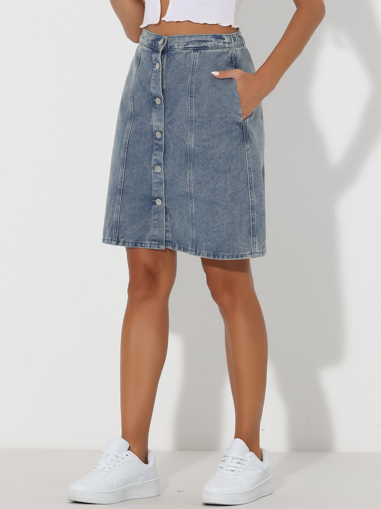 DARING DIVA Women's A-line Button Front Denim Skirt XL Gray Blue