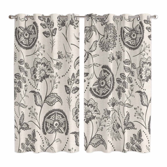 Grey Paisley Kitchen Curtains 63 Inch Length, Boho Flower Botanical Leaf Branch Grommet Top Bedroom Living Room Curtains, Light Filtering Cafe Curtain Drapes 2 Panels Set 84''x63''