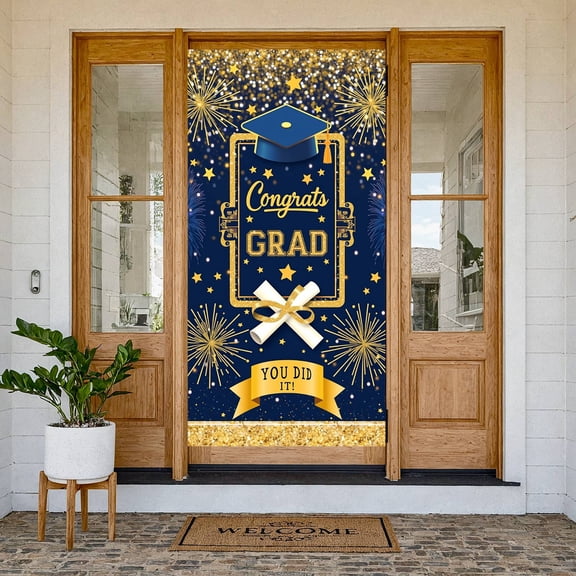 Gold Glitter Graduation Banner Blue Theme Graduation Backdrop Graduation Cap Design Diploma Graduation Party Banner for Graduation Ceremony College Graduation Grad Party