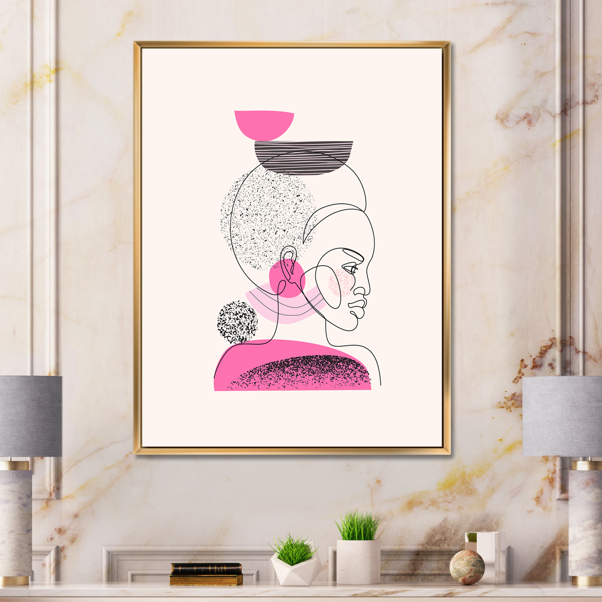 Designart 'One Line Portrait of Afro American Women V' Modern Framed Canvas Wall Art Print