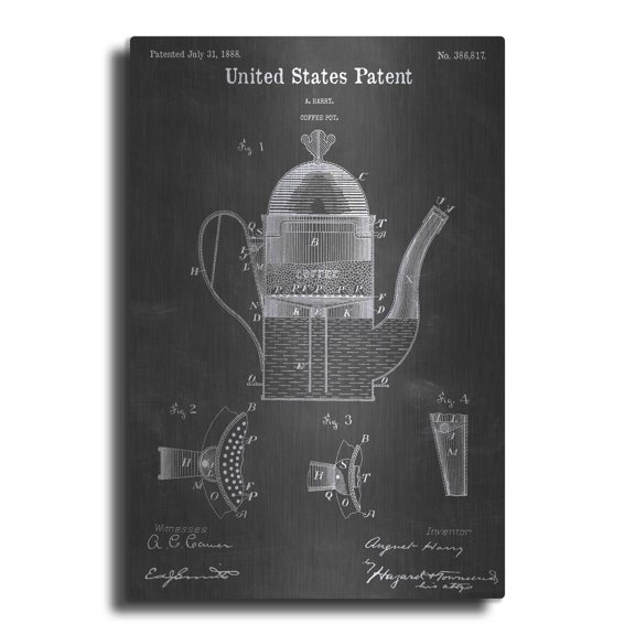 Luxe Metal Art 'Coffee Pot Vintage Patent Blueprint' by Epic Portfolio, Metal Wall Art, 16"x24"