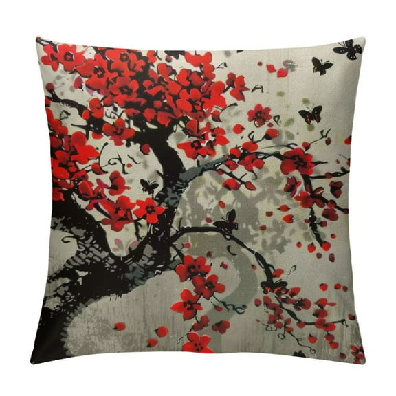 Creowell Oriental Cherry Branch Throw Pillow Cover Butterflies Foliage Traditional Japanese Blossom Culture Pillow Case DecorativeSquare Cushion for Home Couch Bed White