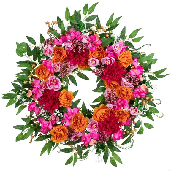 NUPTIO Summer Wreath for Front Door - 26 Inch Pink Dahlia Orange Peony Large Spring Summer Front Door Wreath with Hanger