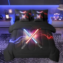 Manfei Cartoon Lightsaber Theme 7-Piece Bedding Comforter Set,Fashion Games King Bedding Sets,Red Purple Lightning Bed Sheets For Teens,Luxury Bedroom Decor Reversible