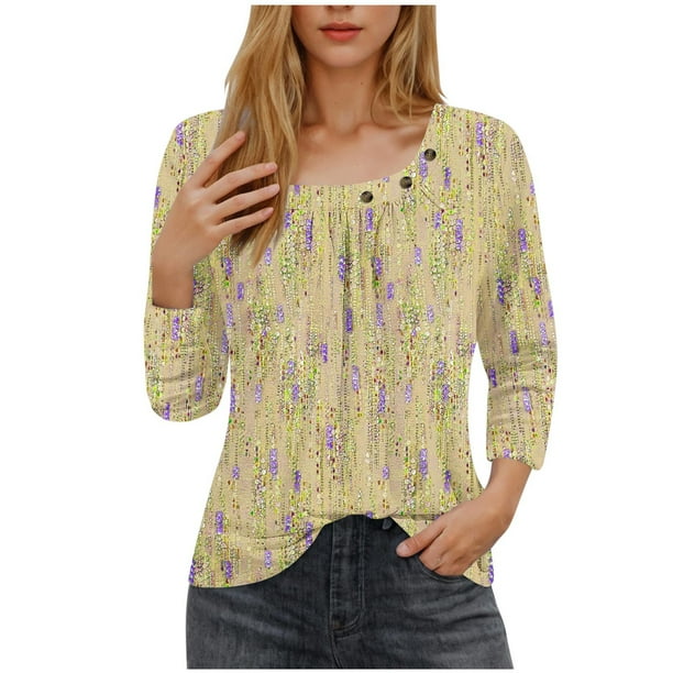 Blusas para las Mujeres Casual, 3/4 Manga Floral Estampado Camiseta de Moda Top Hecho de Poliéster Transpirable Suave para el Uso Diario de Primavera Otoño, Tops de Blusa para las Mujeres