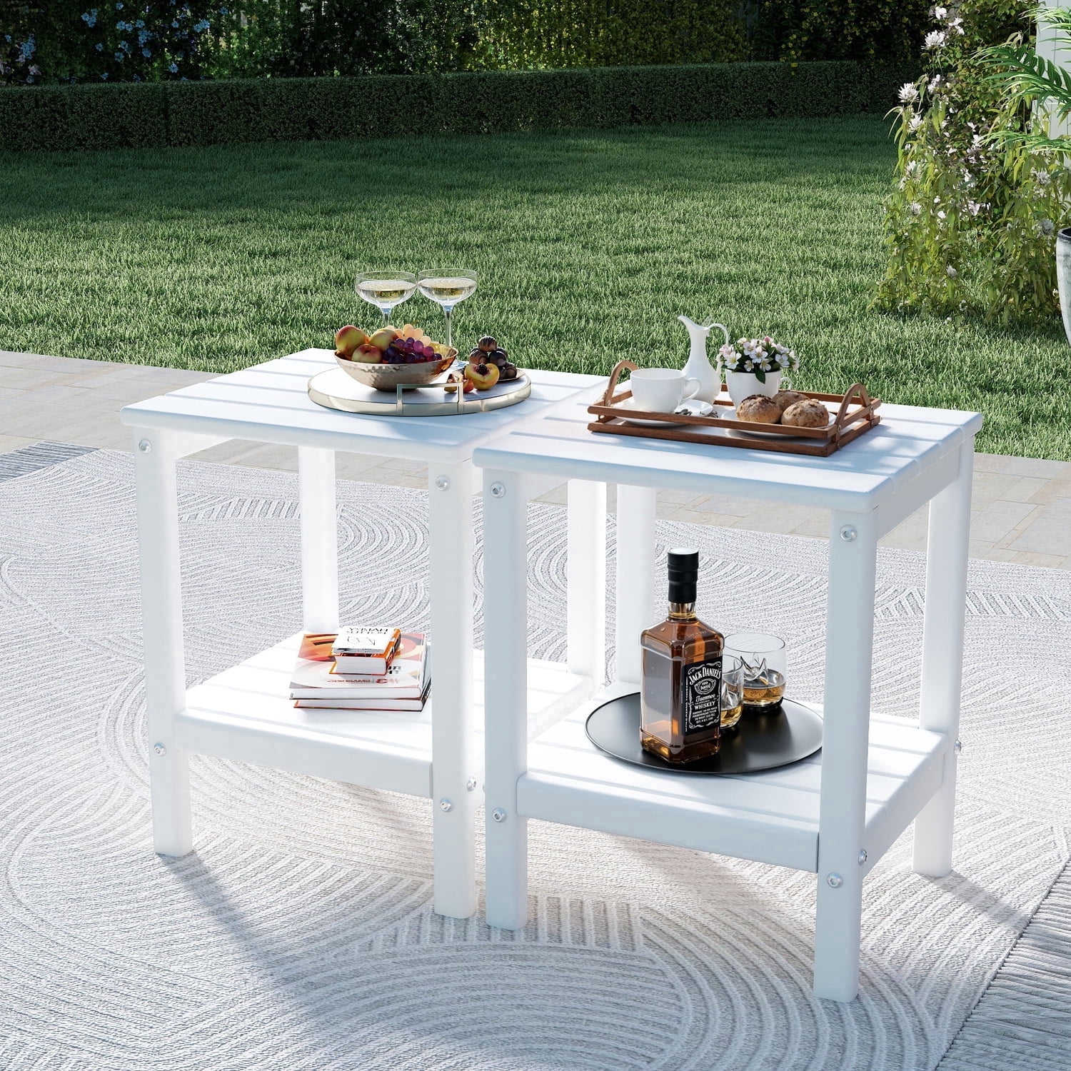 Pipopa Adirondack Outdoor Side Table Set of 2,HDPE All Weather Double Layer Patio Side Table,Rectangular End Table for Garden Balcony Pool,White