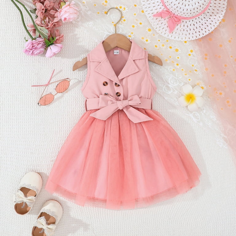 Hienoo Toddler Girls Sleeveless Shirt Dress Summer Button Mesh Dress for  Kids, Pink - Walmart.com