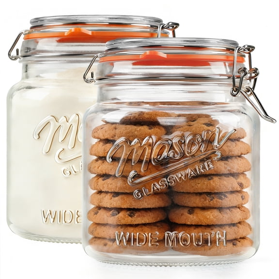 2 Pack Half Gallon Mason Jar with Hinged Lid, Wide Mouth Glass Flour Container for Food Storage, Cookie, Coffee, Pickle - 64 Oz Glass Jar with Glass Lid with 2 Scale Marks