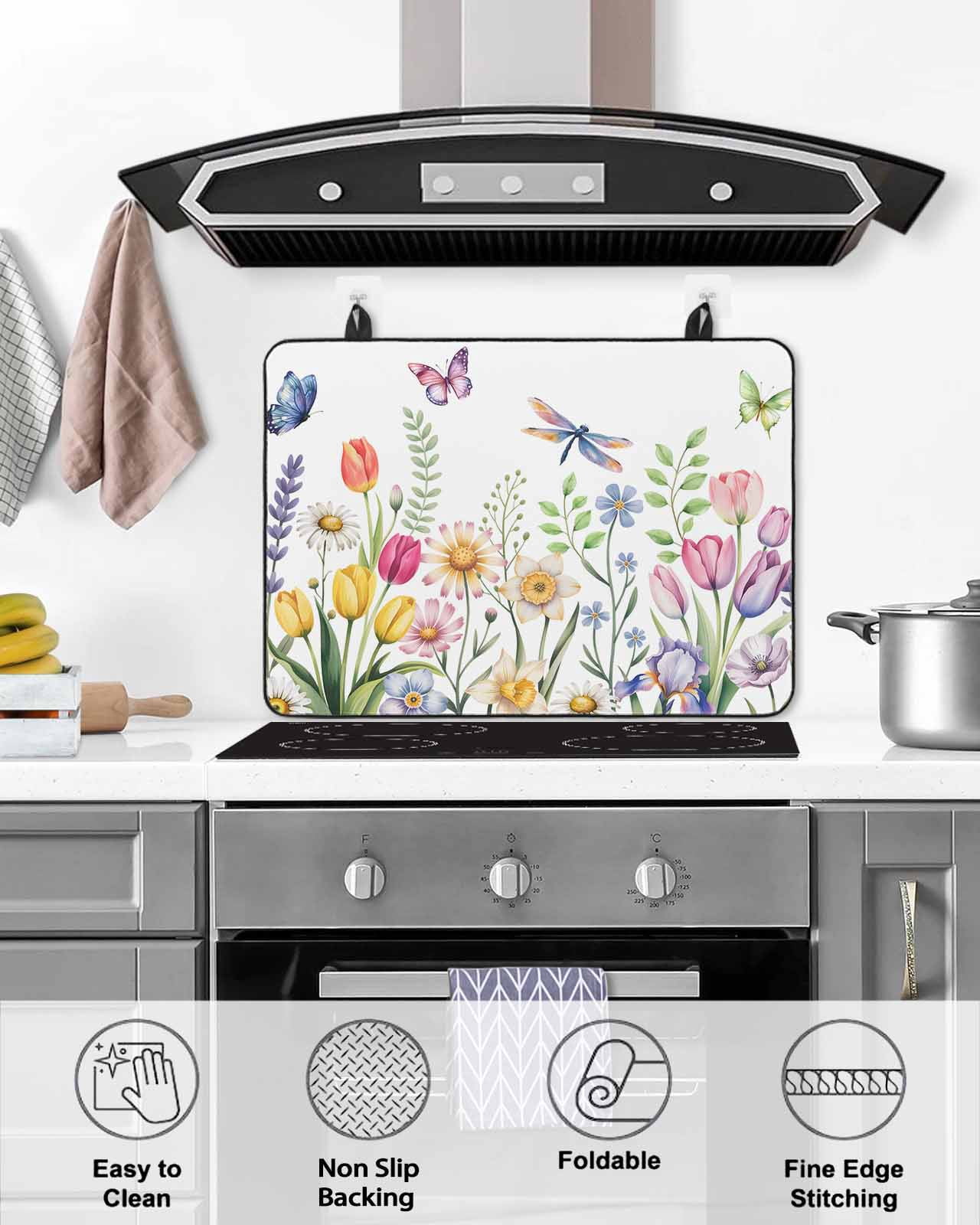 Large Induction Cooktop Protector Mat Wildflowers Stove Top Covers for Electric Stove, Spring Country Tulip Butterfly Floral Leaf Decorative Stove Burner Cover Mats, Glass Top Stove Cover