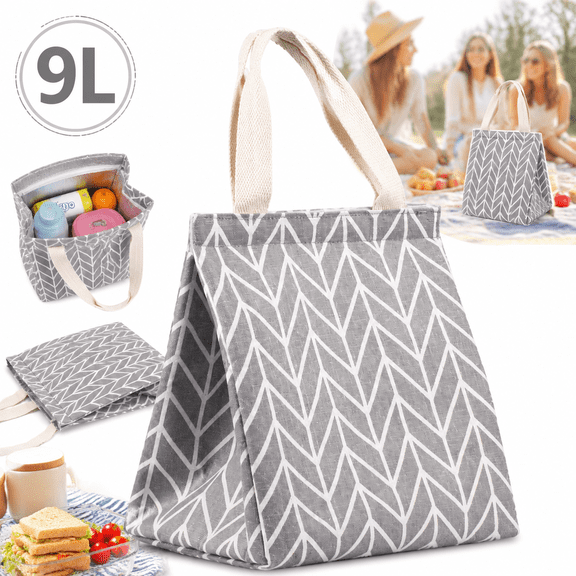 Sherry Insulated Lunch Bag for Women, 9L Sturdy Wide-Open Foldable & Portable Lunch Tote with Interior Pockets, Water-resistant Thermal Lunch Cooler for Adults Picnic Beach (Grey Waveform)