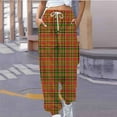 thumbnail image 2 of Tuphregyow Women Casual Pants Straight Leg Drawstring Plaid Print Trendy Comfy Trousers Oversized with Pockets Elastic High Waist Loose Orange XL, 2 of 5