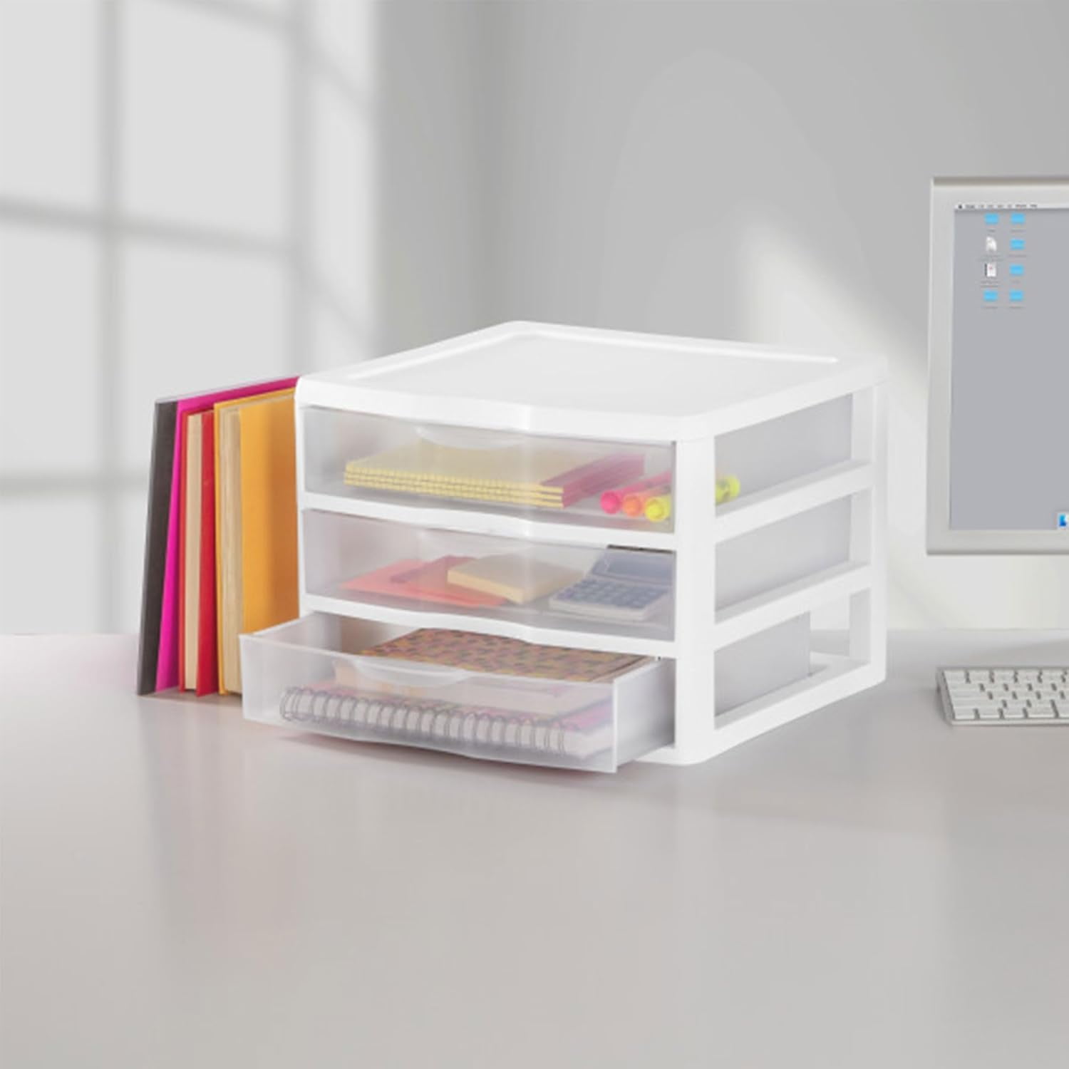 HWong 3-Pack Wide 3 Drawer Unit, Plastic Desktop Organizer with Clear Drawers, White Frame - Stackable Multi-Purpose Storage for Office Supplies, Craft Rooms, Classrooms and Home Organization