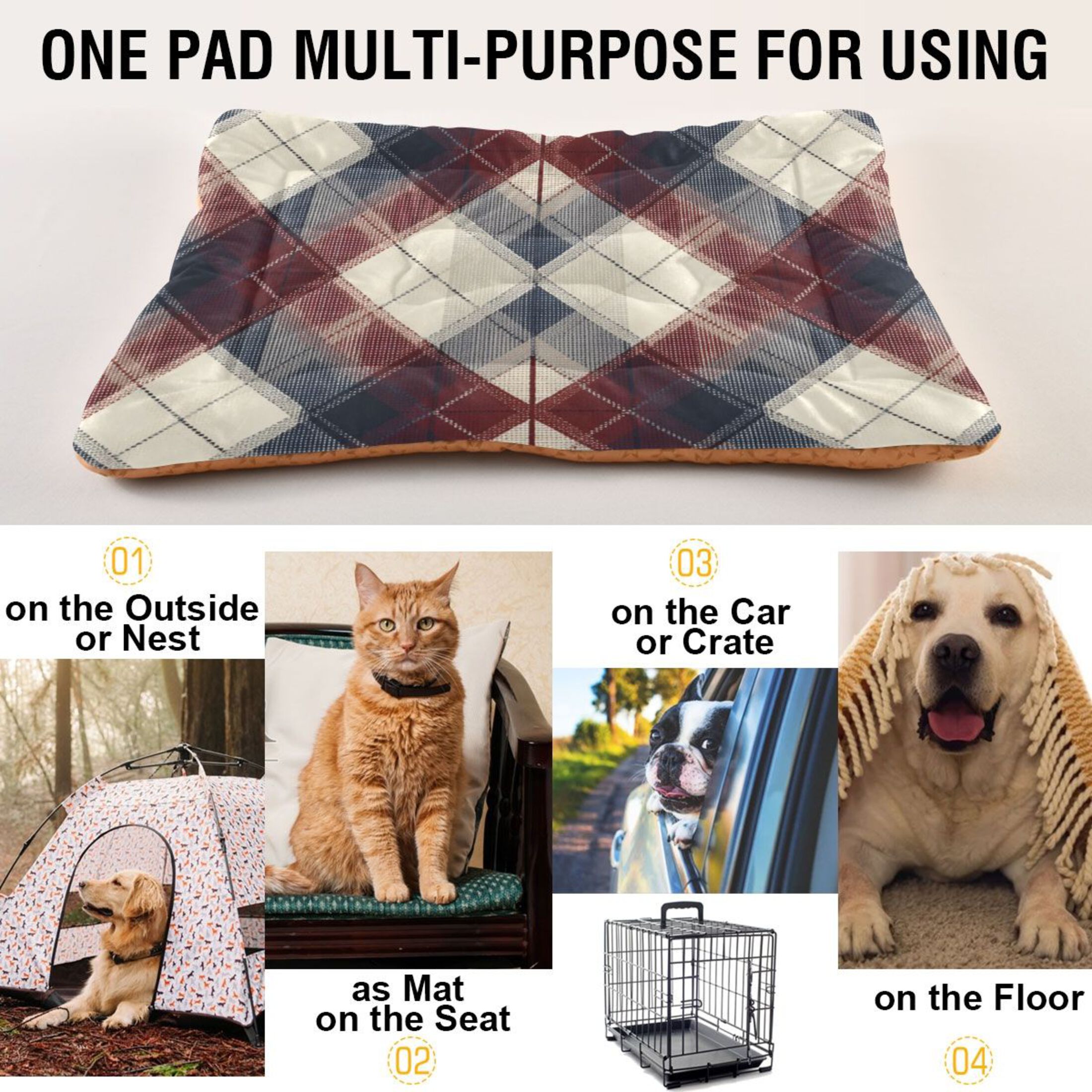 Cozy Mat Pet Bed Indoor Outdoor Warm Soft For Cat Dog Puppy(S/M) Plaid in Navy Blue