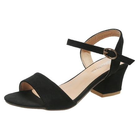 

sandals for Women Ladies Fashion Summer Solid Color Suede Chunky Heel High Heel Buckle Sandals Flock heeled sandals Black