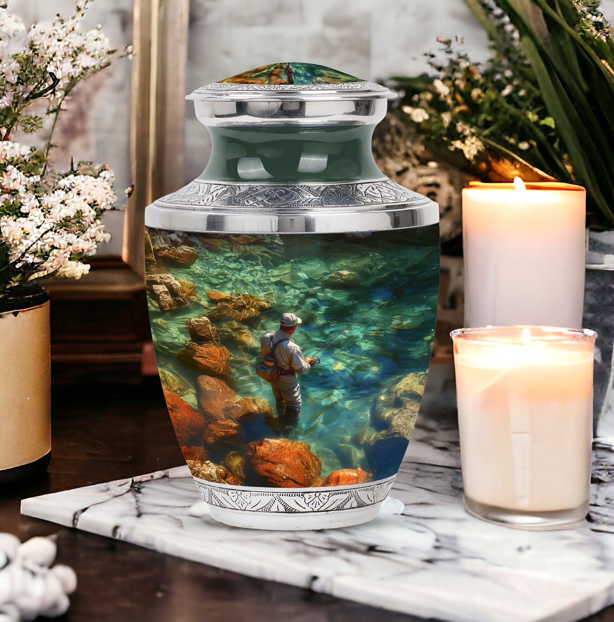 YATHABI Fishing Cremation Urn - Large Urns For Human Ashes Adult Male - Small Keepsake Urn For Adult Female - Little Urn For Ashes For Women - Memorial Ash Holder - 10 Inch And 3 Inch