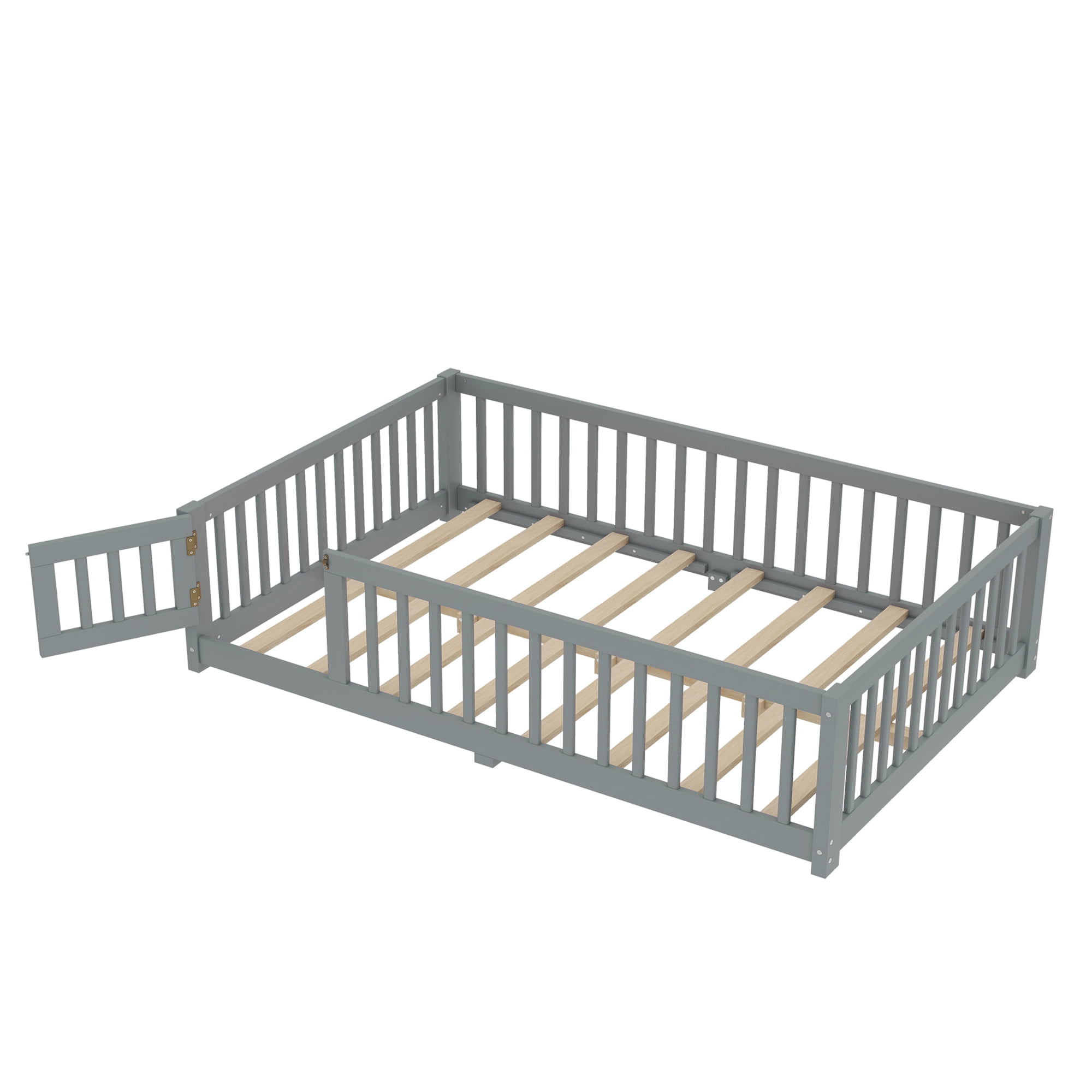 Jopath Full Size Floor Bed Frame,Montessori Bed with Guardrails and Door,with Slatted Base,for Kids,Boys,Girls,Gray