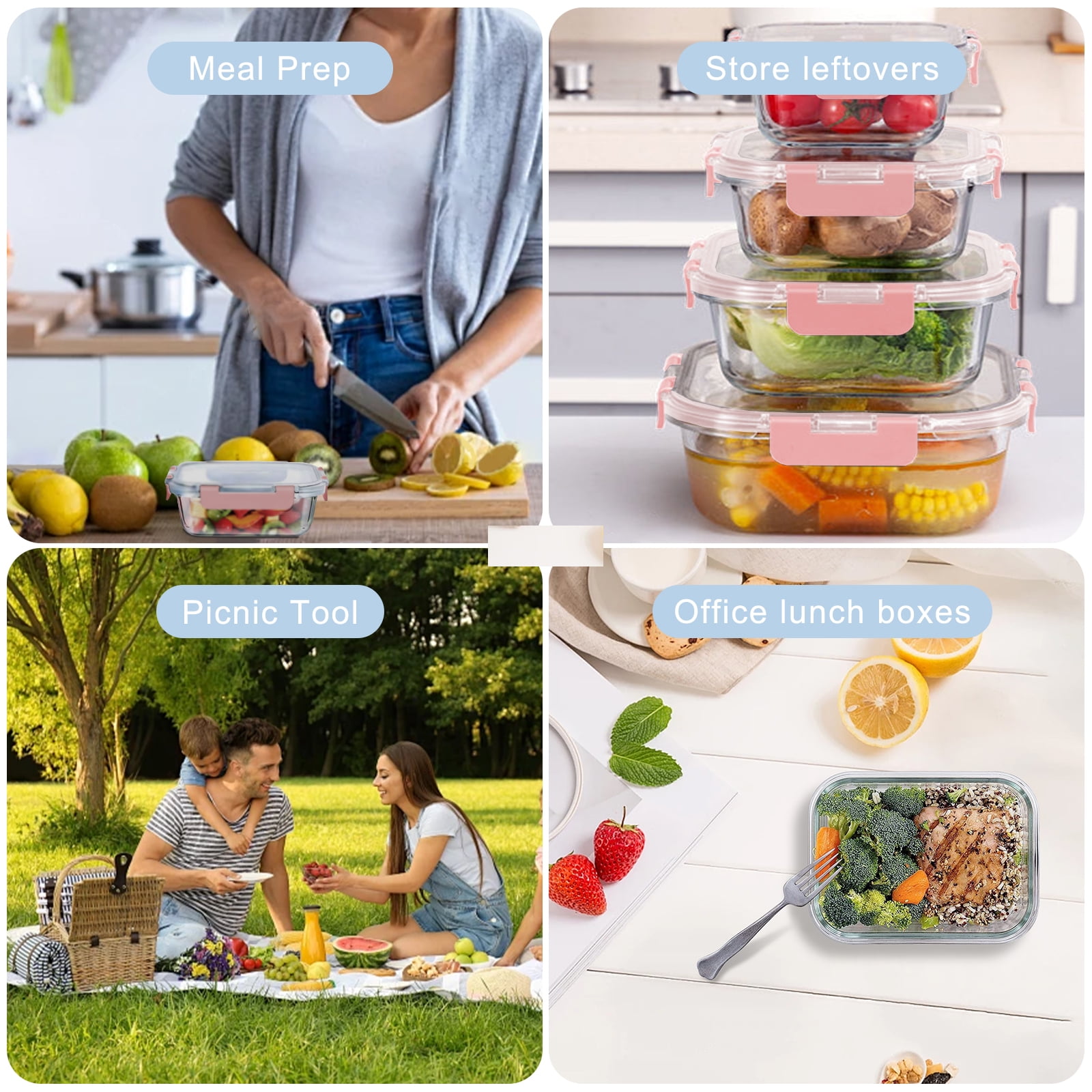 stusgo 12 Pcs Glass Storage Containers with Lids, Reusable for Kitchen Organization (12 Pcs,Pink)