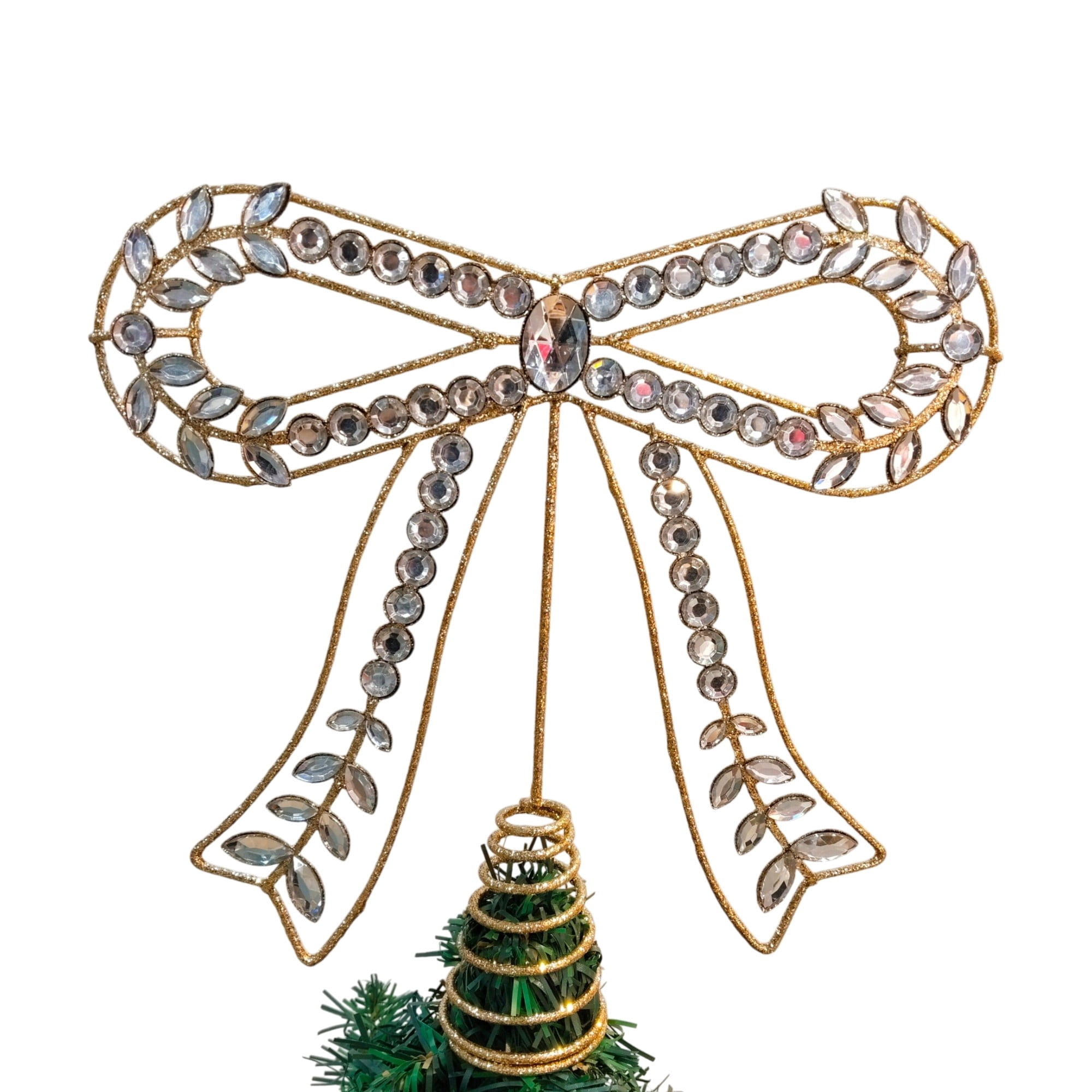 Glitter Wire Bow with Gemstones Christmas Tree Topper, Gold, 10", by Holiday Time