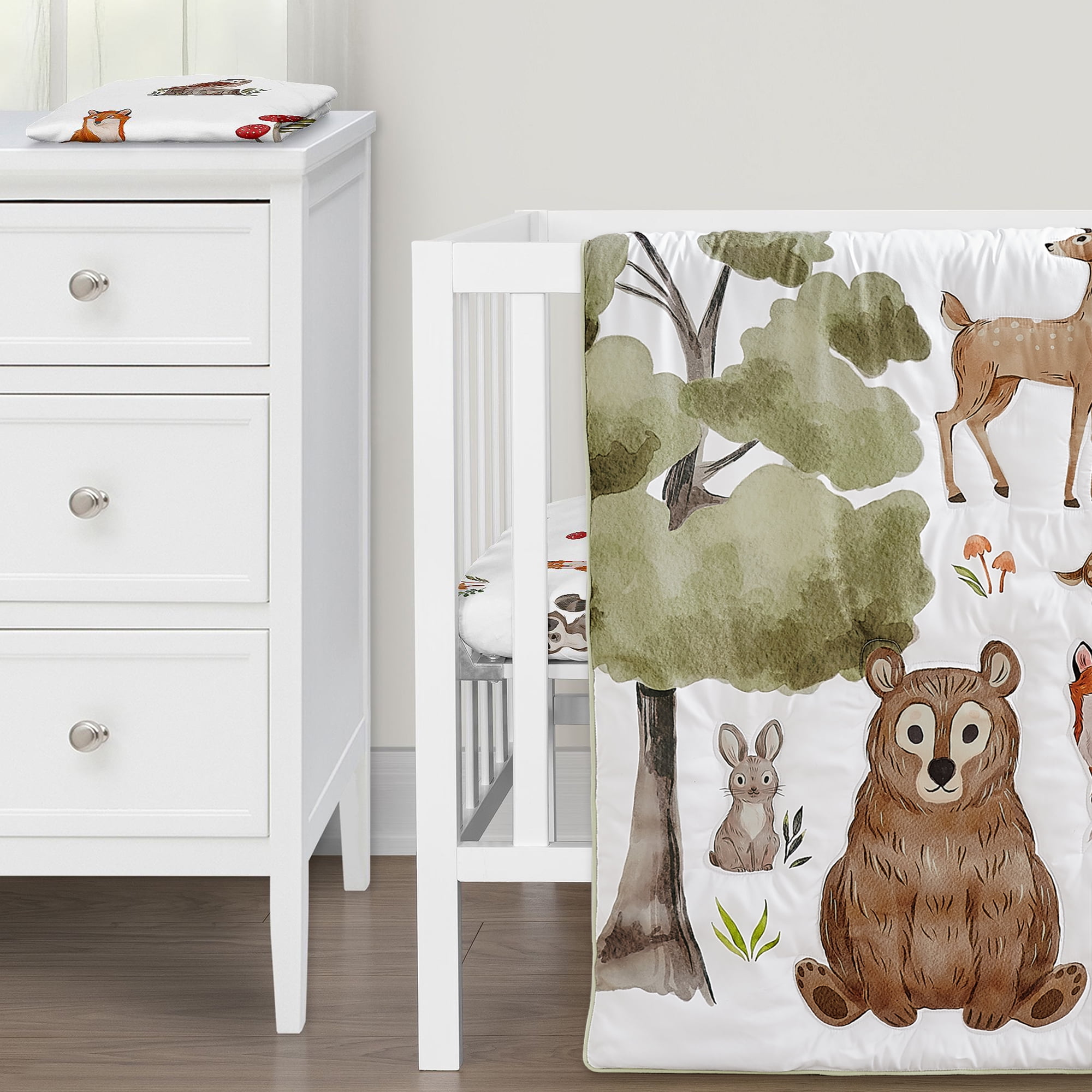 Sweet Jojo Designs Watercolor Woodland Forest Animals Boy Girl Gender Neutral Unisex Mini Crib Bedding Set 3 Piece